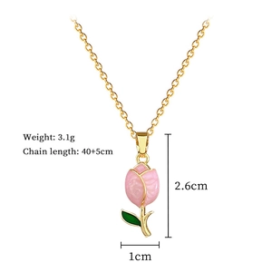 Detailed view of pink tulip pendant on gold chain with 40+5cm length specifications