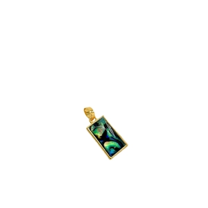 18K gold-plated rectangular pendant with natural iridescent abalone shell inlay on white background