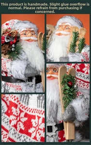 Detail of handcrafted Santa figurine with knitted coat, wooden skis and pine cone sack