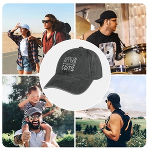 Detailed view of washed cotton cat baseball cap featuring outdoor activities and travel use