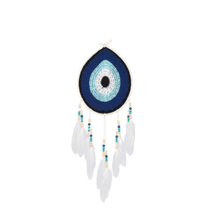 Bohemian evil eye dream catcher wall decor with blue weave and white feathers