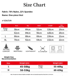 Size chart for women high-stretch yoga jumpsuit with detailed fabric and fit measurements