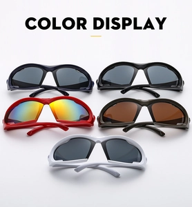 Detailed color display of five Y2K sports sunglasses in black, blue, red, brown and white