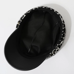 Y2K leopard print baker boy hat with black brim and adjustable inner drawstring