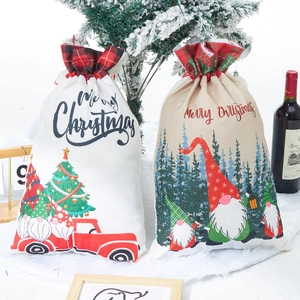 Christmas Drawstring Gift Bags Polyester Imitation Linen Candy Sack With Gnome And Red Truck Prints Holiday Party Decor