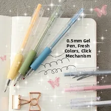 Detail of 0.5mm black ink retractable gel pens with Morandi colored anti-slip grips