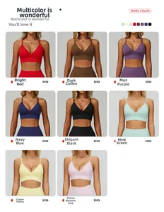 Detail view of seamless double-strap yoga bras in eight diverse color options and ribbed fabric