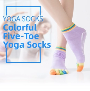 Close-up of purple toeless five-finger yoga socks with colorful toes and anti-slip dots