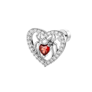 Silver heart spider stud earring with sparkling crystals and a red heart gemstone