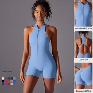 Blue high-elasticity yoga jumpsuit with back cutout and scrunched butt lifting detail