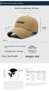 Detailed size guide for washed cotton baseball cap with adjustable strap and dimensions