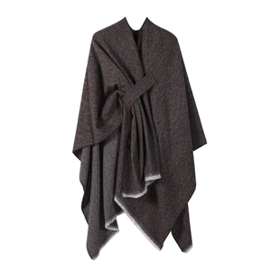 Deep brown solid cashmere-like poncho with belt closure and stylish fringed edges