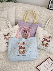Quilted Padded Tote Bag Cute Cartoon Dog Embroidery Large Capacity Handbag Casual Shopping Commuting Soft Shoulder Bag