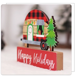 Detail of wooden Christmas truck desktop decor with Happy Holidays text and plaid pattern