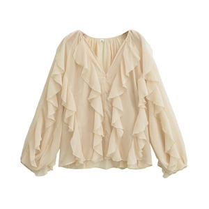 Classic beige V-neck long sleeve blouse with layered ruffles and front buttons