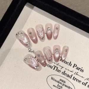 Handmade Press On Nails Pink Cat Eye Gradient Elegant Artificial Pearl Rhinestone Decoration Almond Shape Reusable Artificial Nail Art