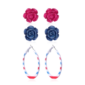 3-pair earring set featuring pink and blue resin flowers with red white blue hoop earrings