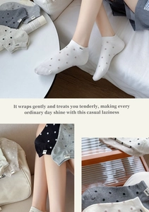 Detail of soft cotton low cut socks with polka dot pattern and 'Nice' brand label