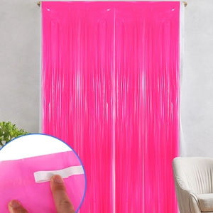 Pink fringe curtain for parties with double-sided adhesive tape for easy installation