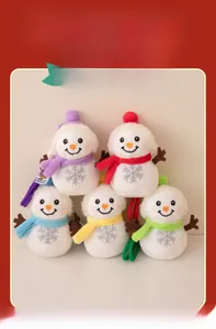 Detail of five plush snowman keychains with colorful scarves and silver snowflake embroidery
