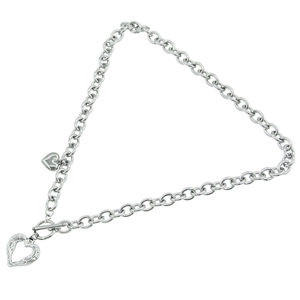 Silver heart pendant necklace with winged design and T-bar toggle clasp on white background