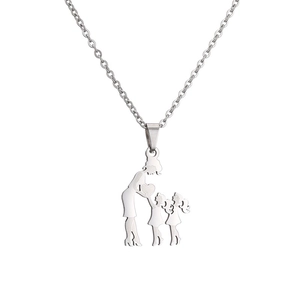 Polished stainless steel necklace featuring a mother and two daughters silhouette pendant