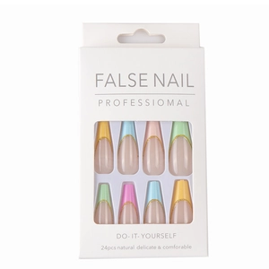 Detail of 24pcs long ballet press-on nails with colorful rainbow glitter and gold edges