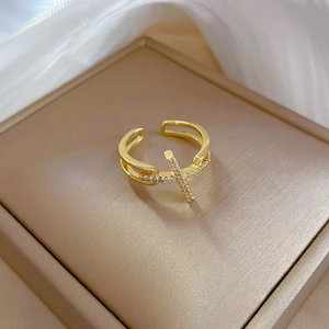 Gold plated cross open ring with white micro-pave zircons and double-layer design