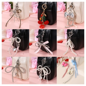 Fashion Heart Cherry Bow Keychain Metal Artificial Pearl Bead Bag Pendant Sweet Style Bag Hanging Accessory For Women Girls
