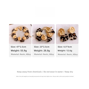 Detail view of gold-tone necklace and leopard print resin earring set with dimensions