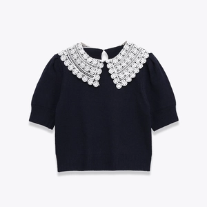 Navy Blue Knit Top Short Sleeve Sweater With White Crochet Lace Peter Pan Collar French Vintage Elegant Casual For Women