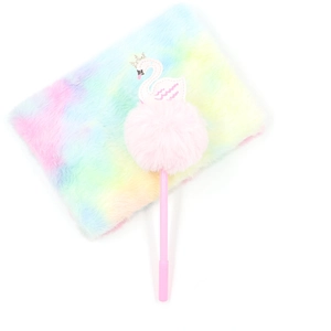 Detail of plush rainbow tie-dye notebook with crown swan and matching fur pompom pen