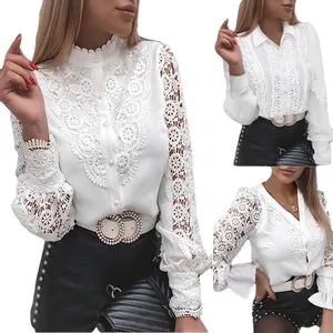 Women's Fashion Long Sleeve V Neck Button Lace Blouse Elegant Casual Solid Color Office Shirt Top