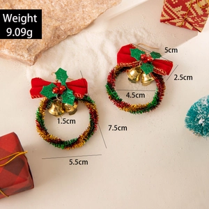 Detailed view of Christmas wreath earrings with bow and bell, weight 9.09g and size specs