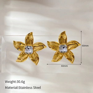 Macro view of 60mm gold stainless steel floral earrings with polished finish and square gem