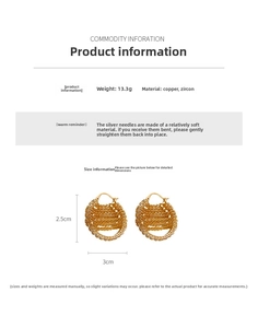 Detailed size chart showing gold chain hoop earrings with cubic zirconia and dimensions