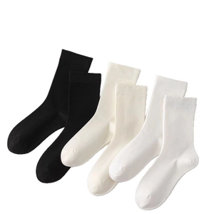 Three pairs of cotton crew socks in black, beige, and white colors for daily wear