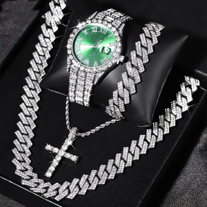 Luxury silver iced out watch set with green dial, cross necklace and Cuban bracelet