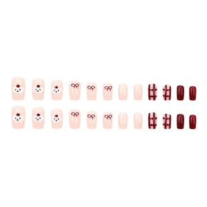 Short square press-on nails with red cherry dog and checkerboard pattern set