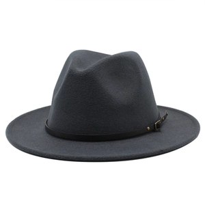 Detail view of dark grey wool felt fedora hat with black leather strap and metal buckle