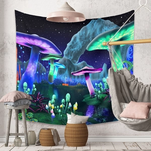 Detail of bohemian tapestry featuring glowing mushrooms and fantasy forest art for room decor