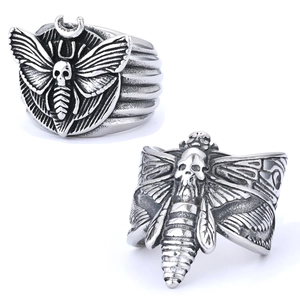 Stainless Steel Gothic Ring Skull Deaths-Head Hawkmoth Crescent Moon Vintage Punk Biker Jewelry Unisex