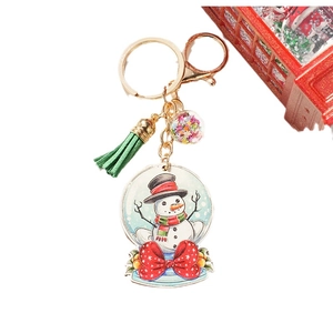 Porte-clés de Noël bonhomme de neige avec pompon en cuir et boule de paillettes