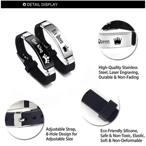 Her King and His Queen crown engraved stainless steel silicone couple bracelets set