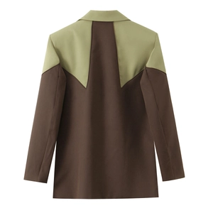 Brown and olive green patchwork blazer for women featuring an irregular tailoring back view