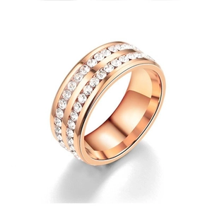 Close-up of rose gold titanium steel ring with double rows of sparkling cubic zirconia