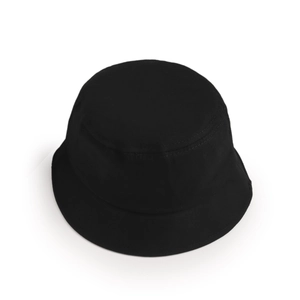 Top view of a black cotton twill bucket hat with reinforced stitching on the wide brim