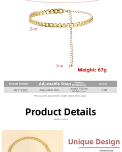 Detail view of golden alloy chain belt showing dimensions 100cm length and 2cm width