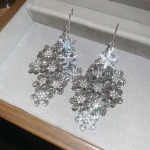 Elegant silver snowflake tassel hook earrings with sparkling crystals in a velvet box