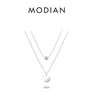 Minimalist S925 sterling silver double layer necklace with bead and round tag pendants